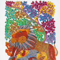 Lion and Birds – Gond Paper Painting