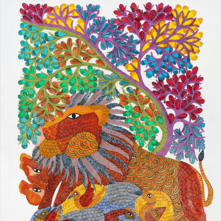 Lion and Birds – Gond Paper Painting