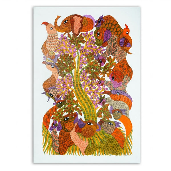 Birds Around the Tree of Life – Gond Paper Painting