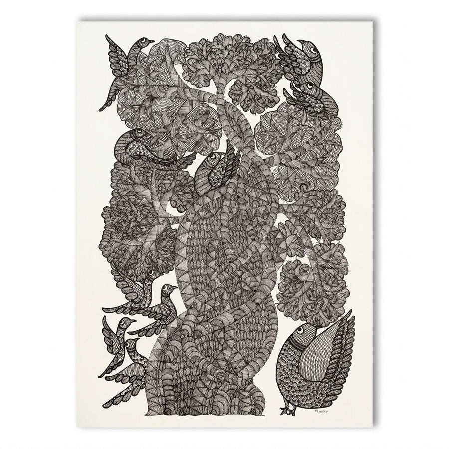 Bird Among Blossoming Branches – Gond Paper Painting