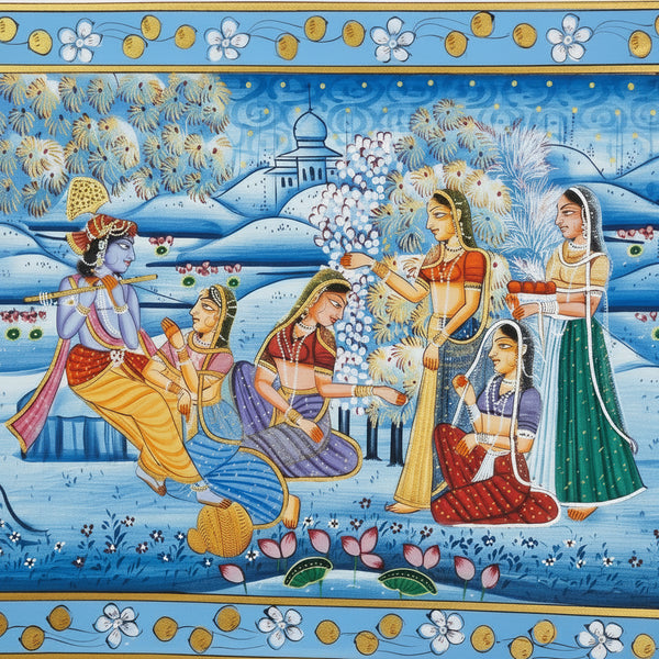 Krishna's Divine Gathering with Gopis – Rajasthani Miniature Painting