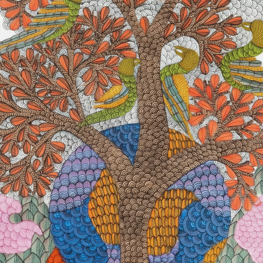 Birds in the Blossoming Tree – Gond Paper Painting