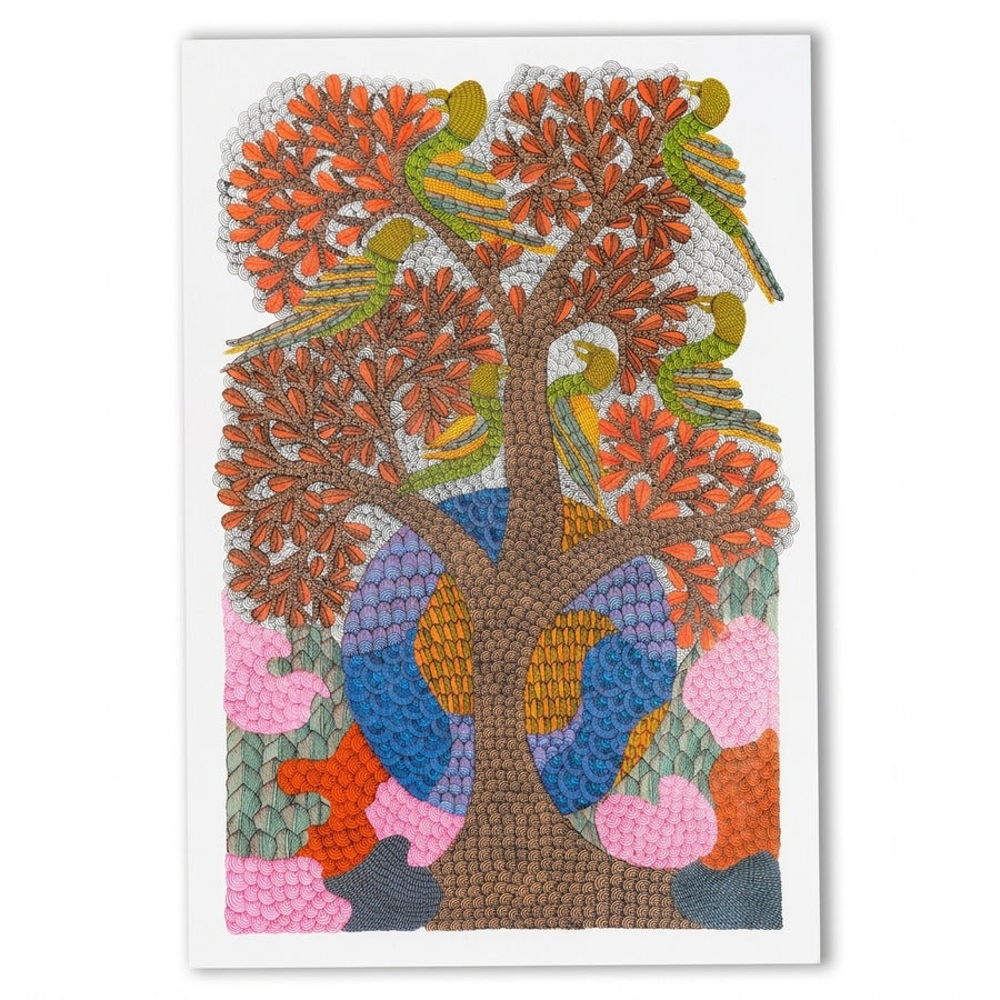 Birds in the Blossoming Tree – Gond Paper Painting