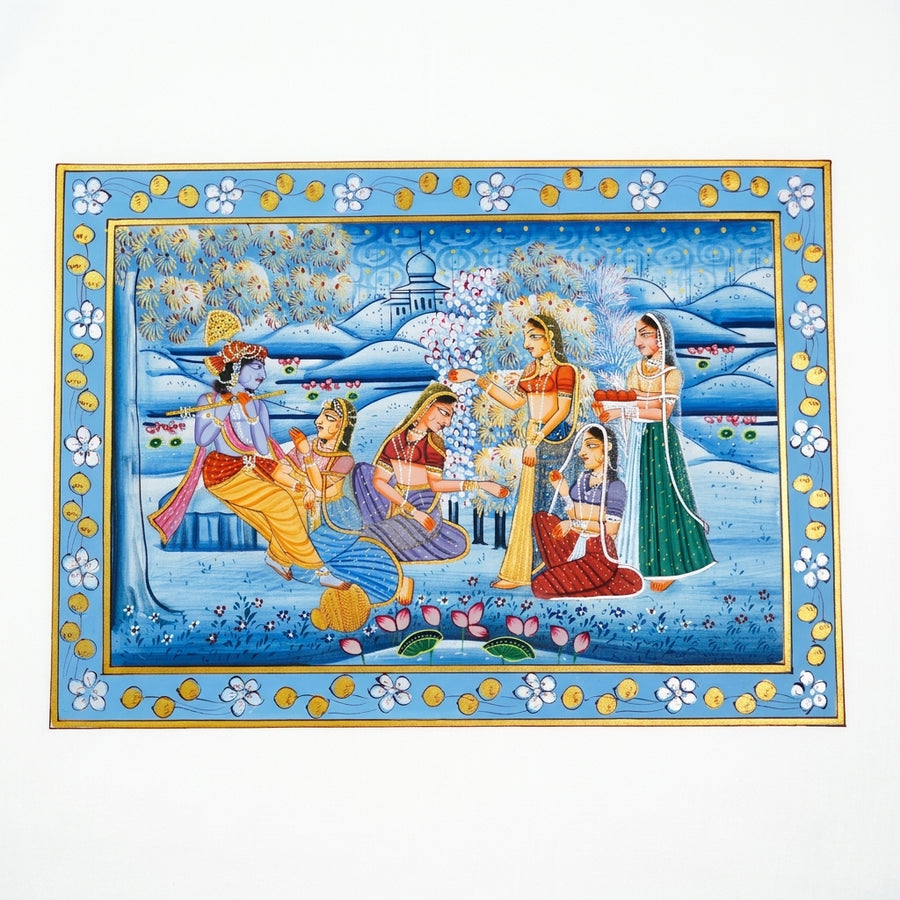 Krishna's Divine Gathering with Gopis – Rajasthani Miniature Painting