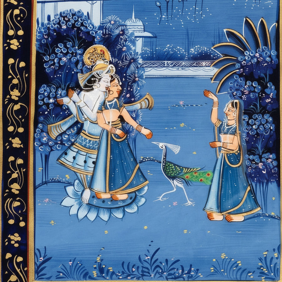 Divine Lotus Embrace – Rajasthani Miniature Painting
