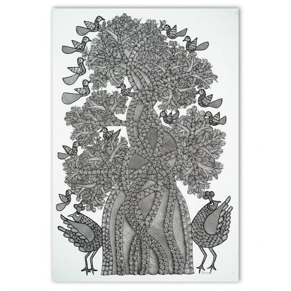 Birds Around the Forest Tree – Gond Paper Painting