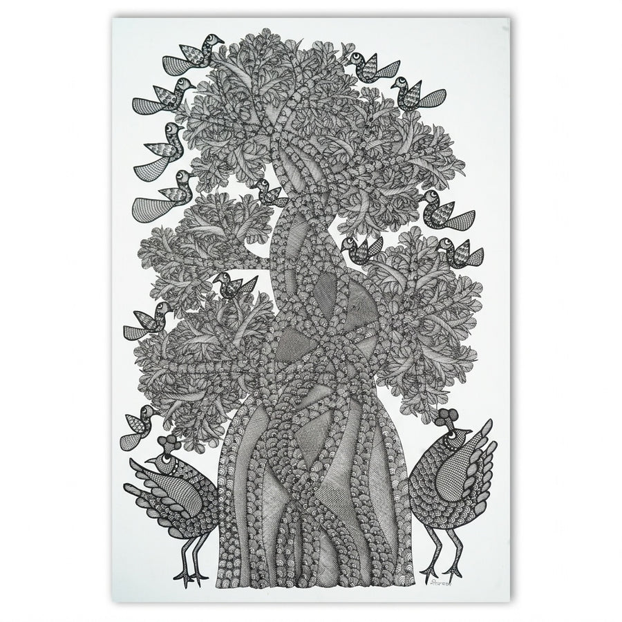 Birds Around the Forest Tree – Gond Paper Painting