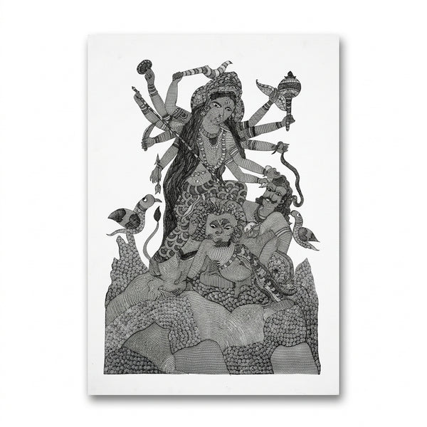 Goddess Durga Slaying Mahishasura – Gond Paper Painting