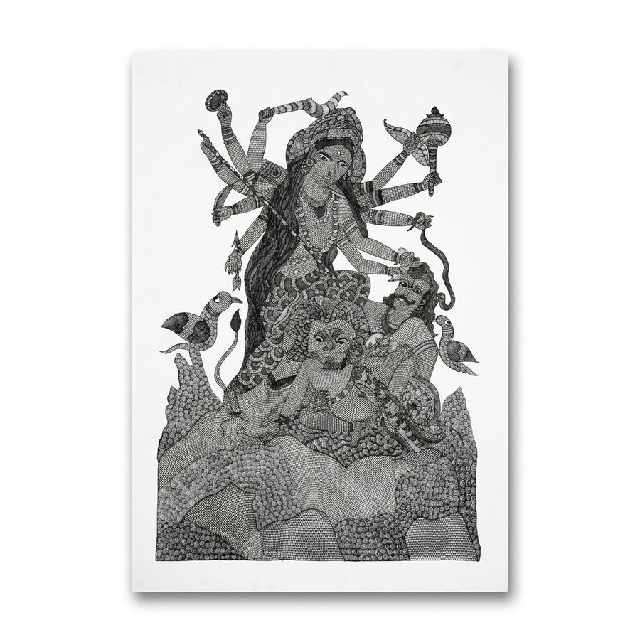 Goddess Durga Slaying Mahishasura – Gond Paper Painting