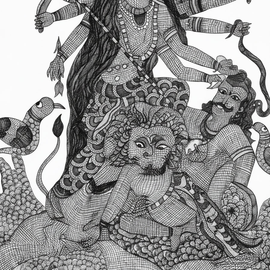 Goddess Durga Slaying Mahishasura – Gond Paper Painting