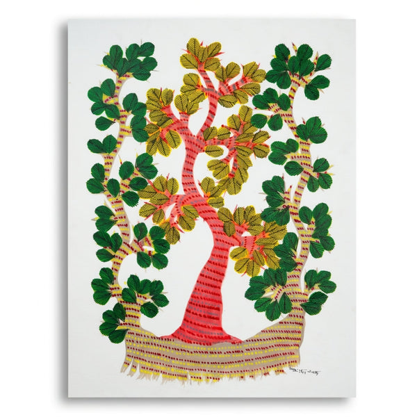 The Three-Branch Tree – Gond Paper Painting