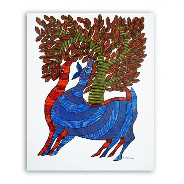 Companions Beneath the Tree – Gond Paper Painting