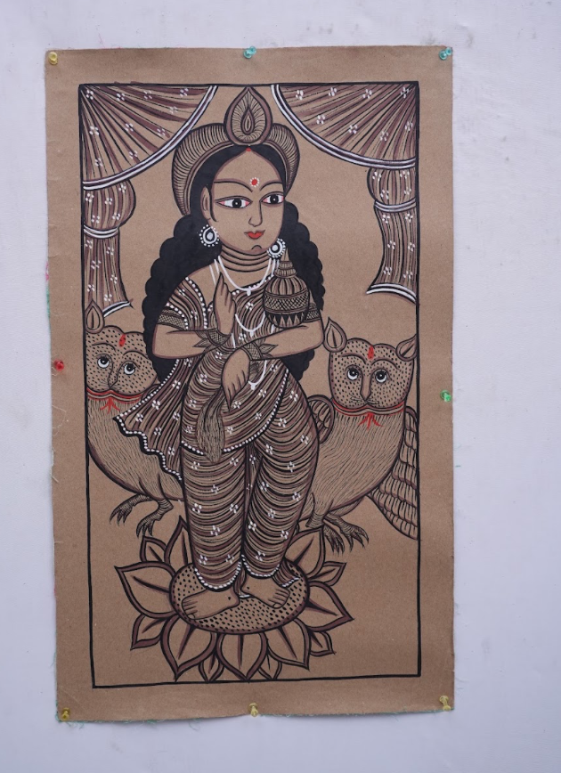 Maa Lakshmi on Lotus with Owls – Kalighat Painting