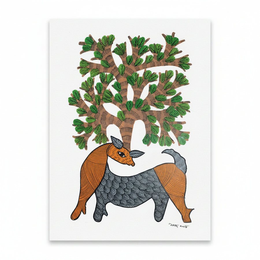 Foxes and the Forest Tree – Gond Paper Painting