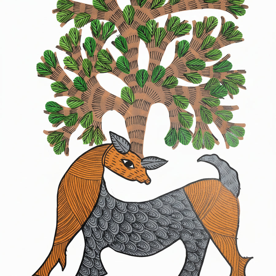 Foxes and the Forest Tree – Gond Paper Painting