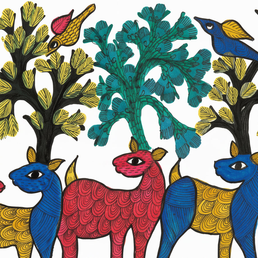 Deer and Woodland – Gond Paper Painting