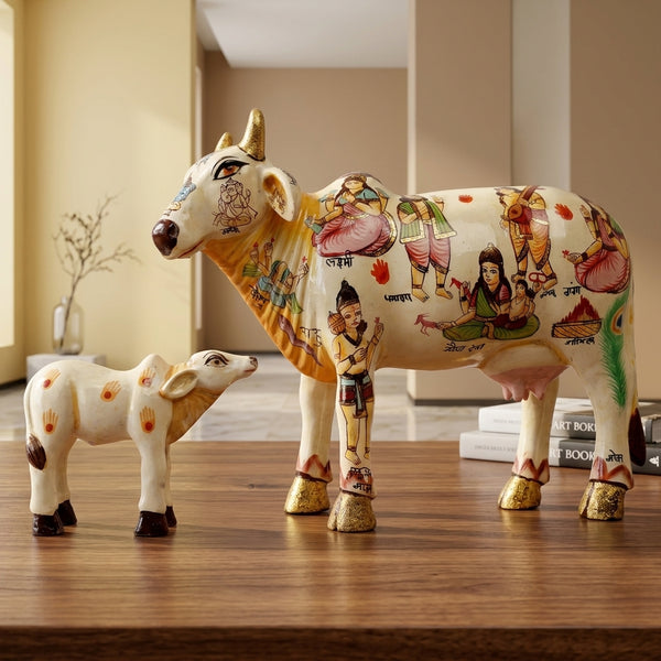 White Kamdhenu with Calf – Handpainted Artwork