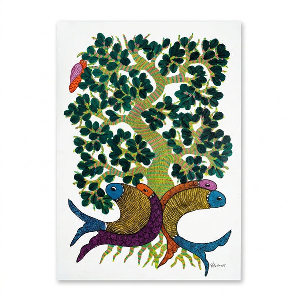 Four Fish Tree – Gond Paper Painting