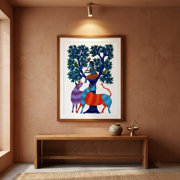 Krishna and Cows – Gond Paper Painting