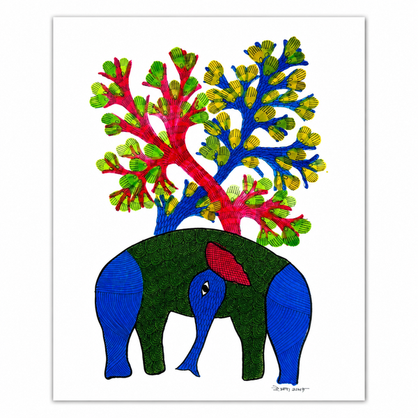 Elephants and the Tree – Gond Paper Painting