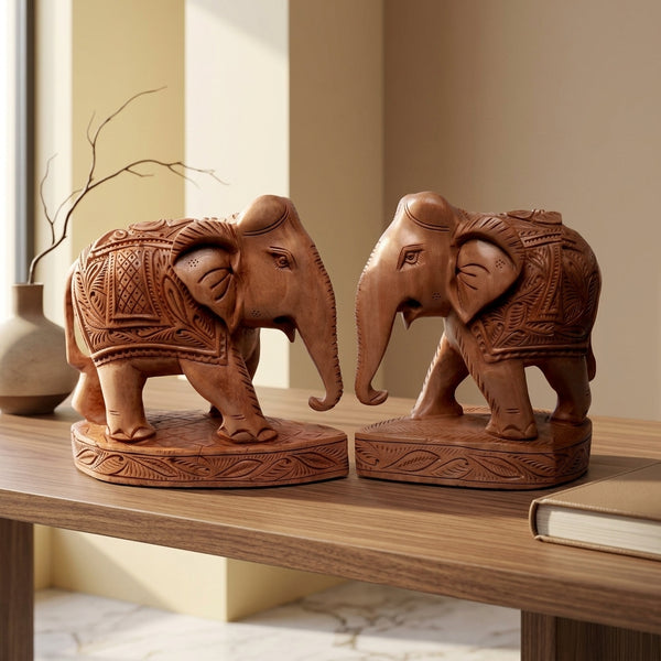 Royal Carved Elephant (Set of 2) – Wooden Sculpture