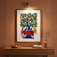 Deer, Tree and Birds – Gond Paper Painting