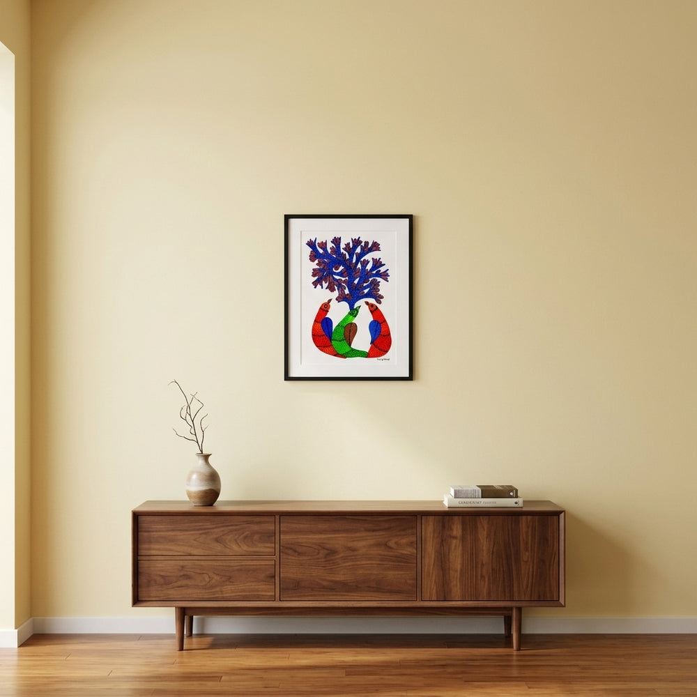 Tree and Central Bird – Gond Paper Painting