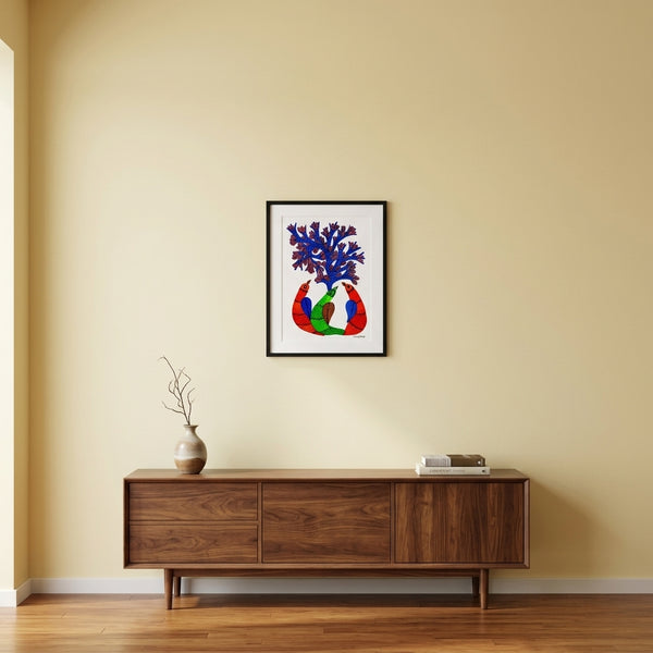 Tree and Central Bird – Gond Paper Painting