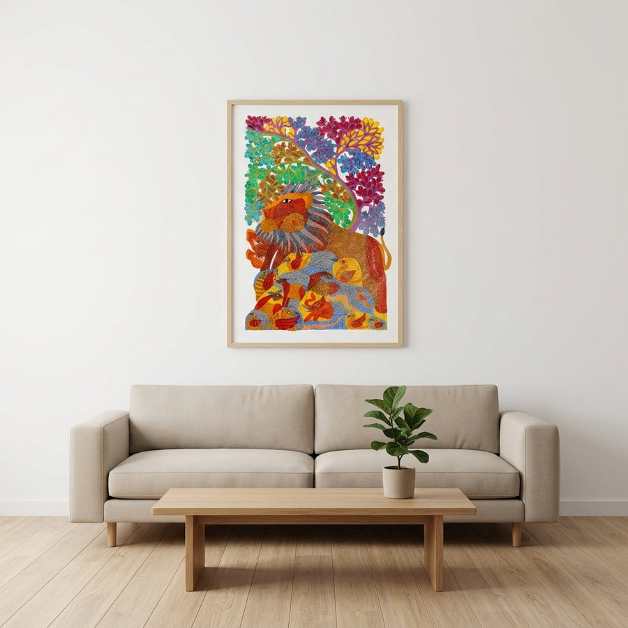Lion and Birds – Gond Paper Painting