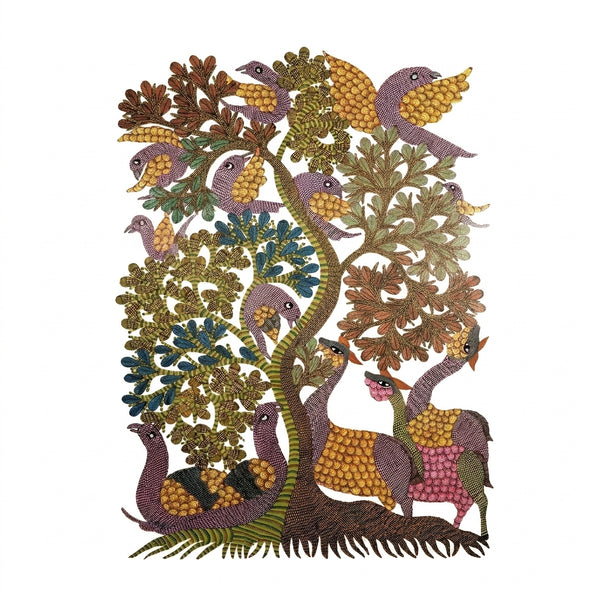 Birds and Deer – Gond Paper Painting
