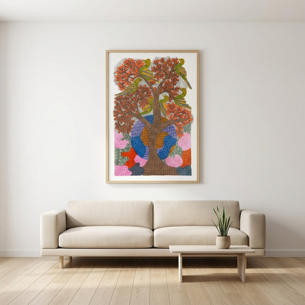 Birds in the Blossoming Tree – Gond Paper Painting