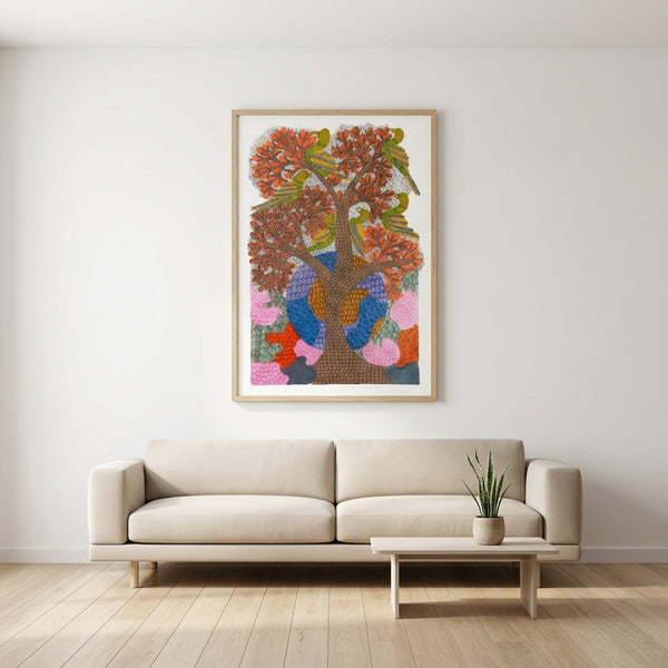 Birds in the Blossoming Tree – Gond Paper Painting