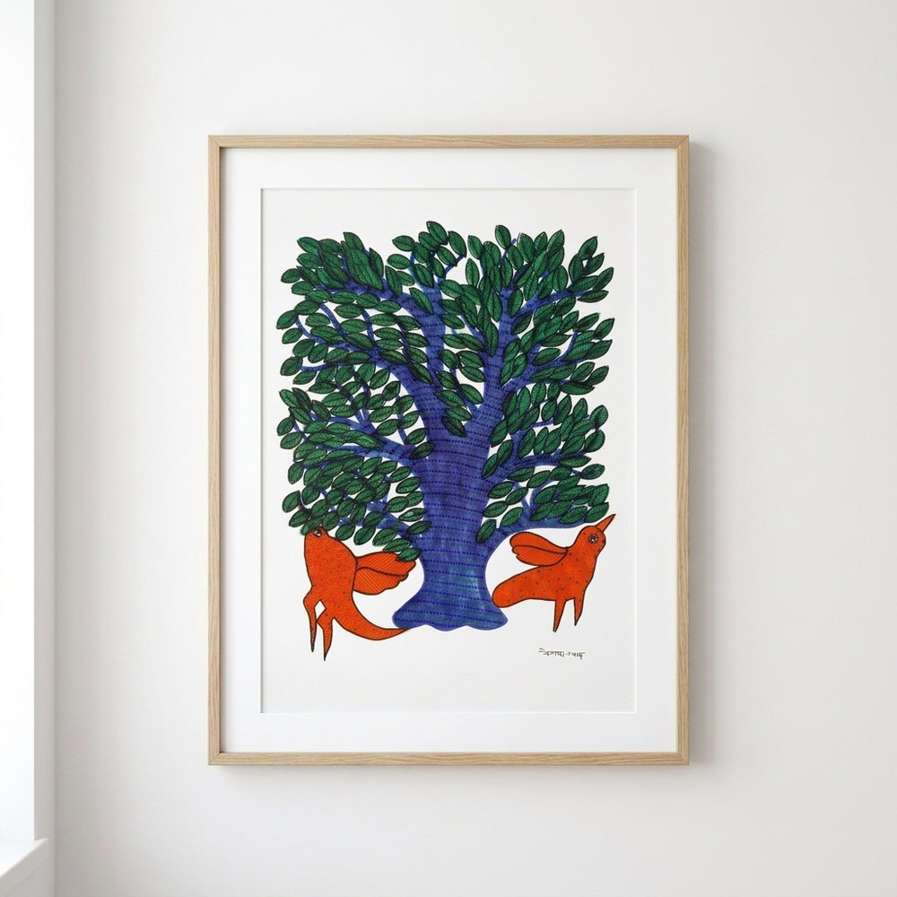 Tree and Two Birds – Gond Paper Painting