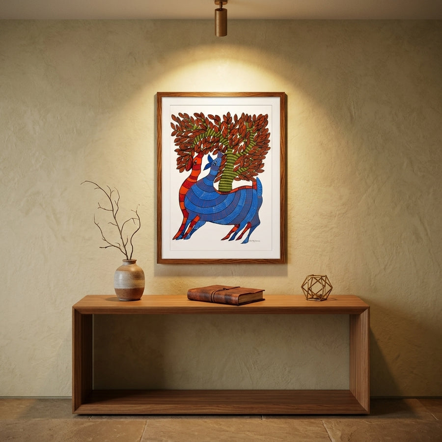 Companions Beneath the Tree – Gond Paper Painting