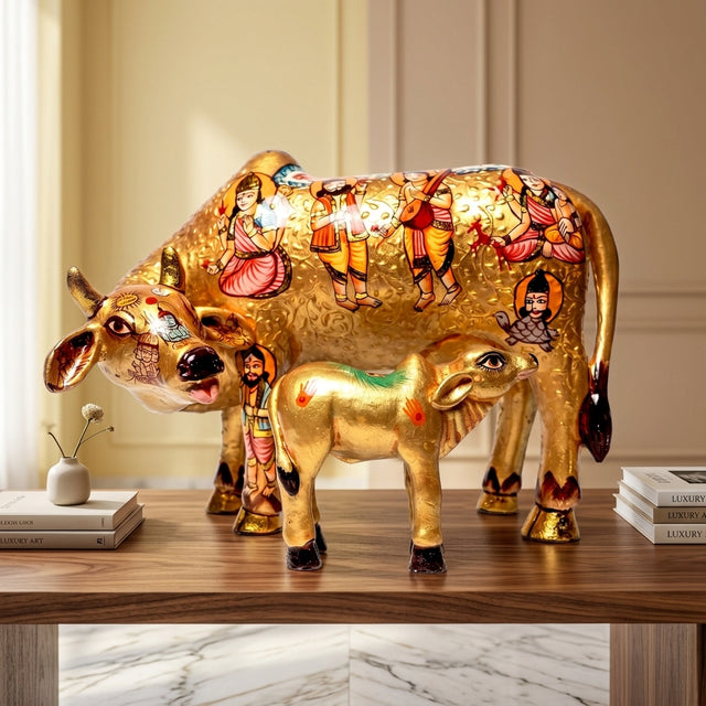 Kamdhenu with Calf in Radiant Gold – Handpainted Figure