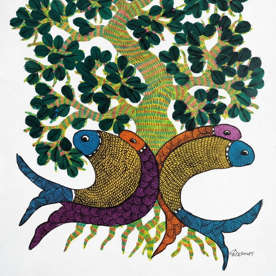 Four Fish Tree – Gond Paper Painting