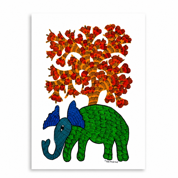 Elephant Under the Tree – Gond Paper Painting