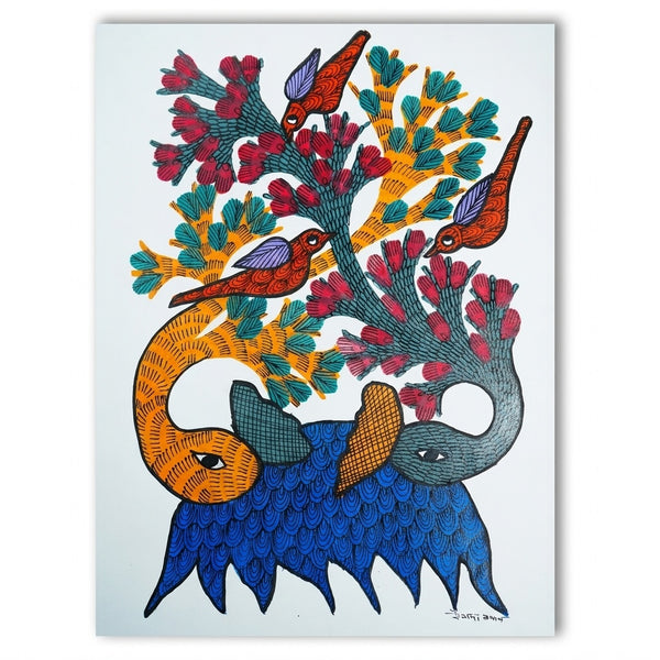 Elephants, Birds & Flowering Tree – Gond Paper Painting
