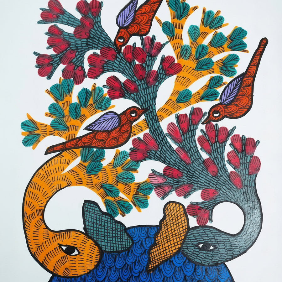 Elephants, Birds & Flowering Tree – Gond Paper Painting