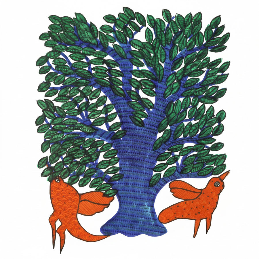 Tree and Two Birds – Gond Paper Painting