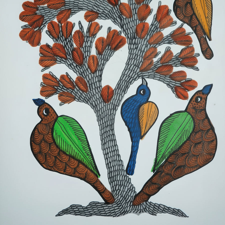 Flowering Tree & Birds – Gond Paper Painting