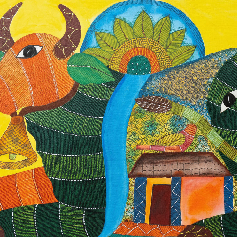 Nandi and Village Life – Gond Paper Painting