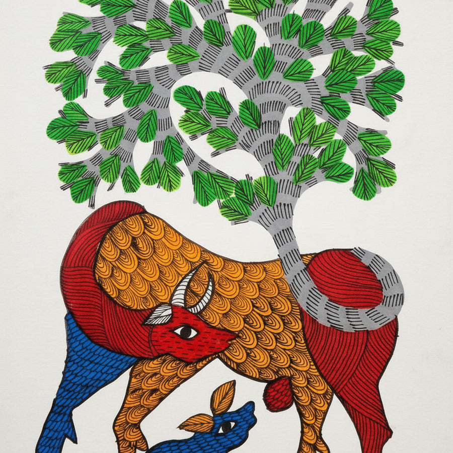 Tree and the Deer– Gond Paper Painting
