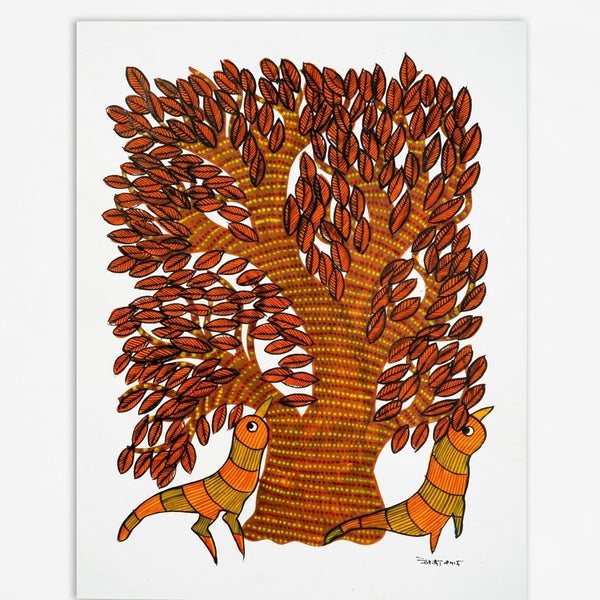 Two Birds Gathering – Gond Paper Painting