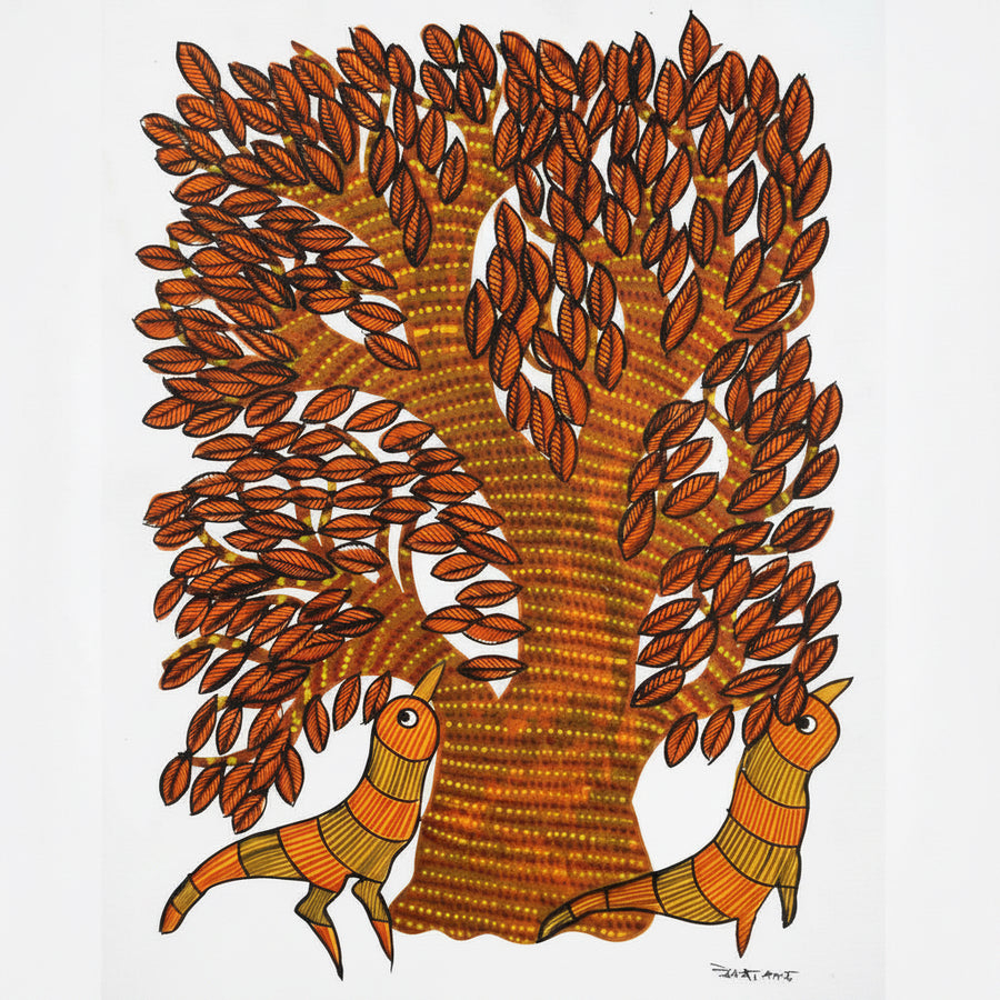 Two Birds Gathering – Gond Paper Painting