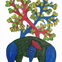 Elephants and the Tree – Gond Paper Painting