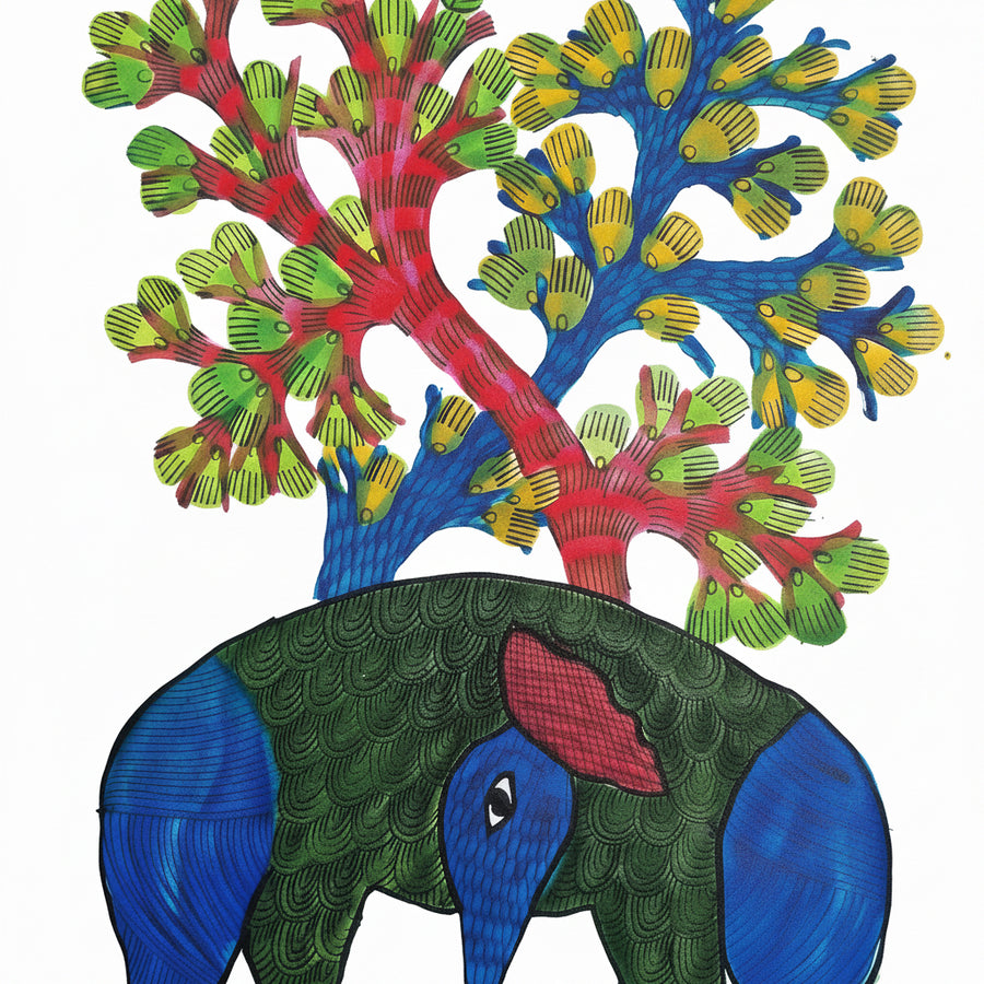 Elephants and the Tree – Gond Paper Painting