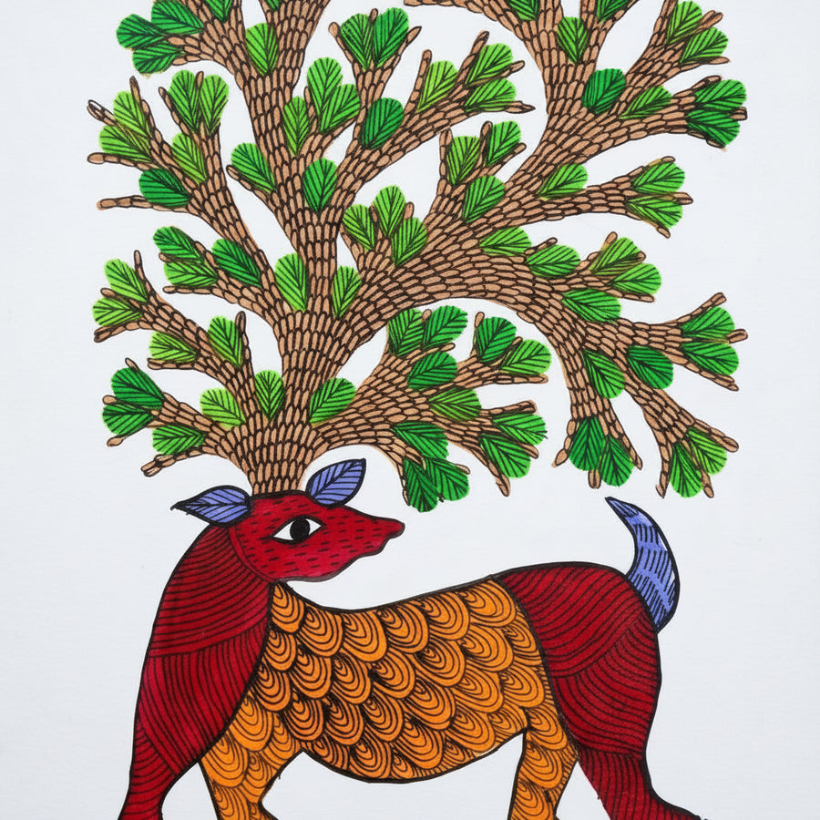 The Deer Horn Tree – Gond Paper Painting