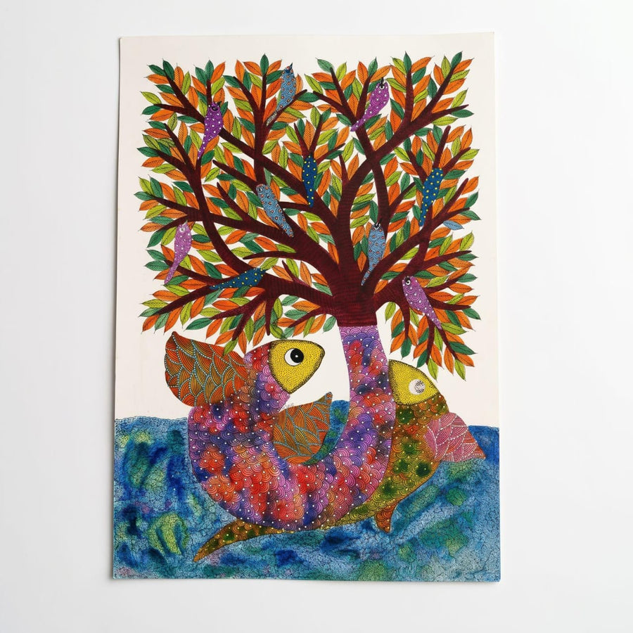 Growing Fish and River – Gond Paper Painting