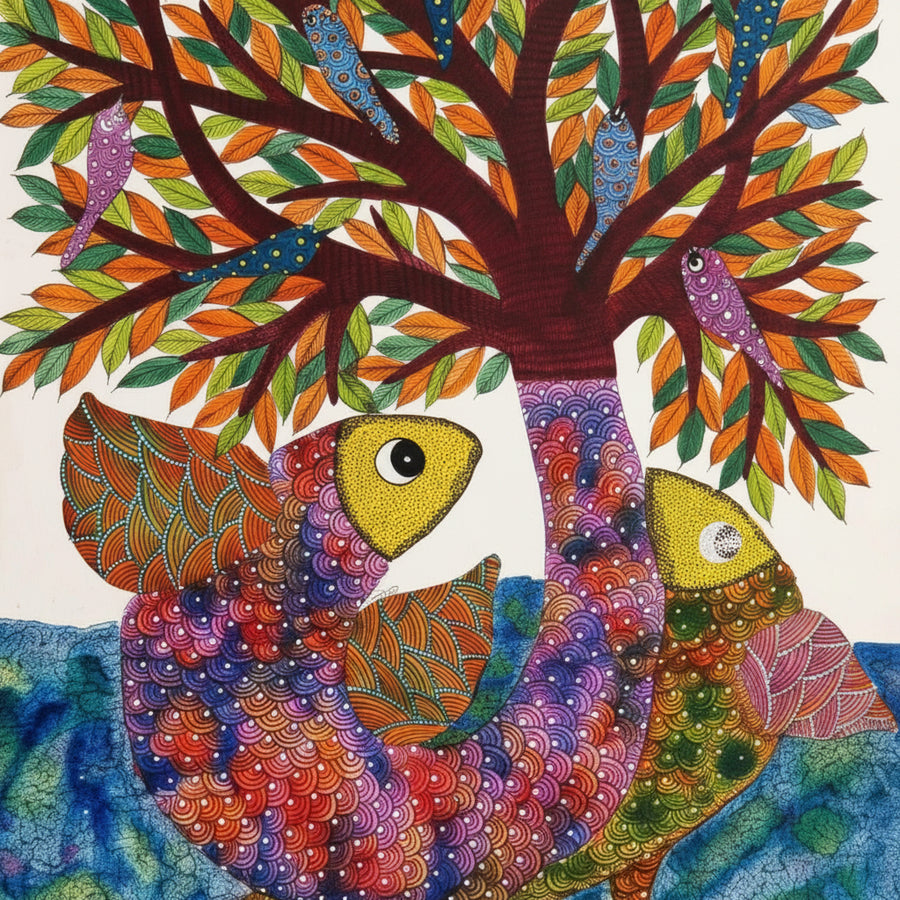 Growing Fish and River – Gond Paper Painting